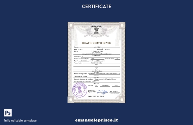 Modello PSD del certificato di morte dell'India in stile verificato, modello