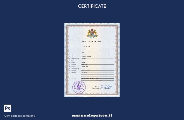 Modello PSD del certificato di morte dell'Iran in stile verificato