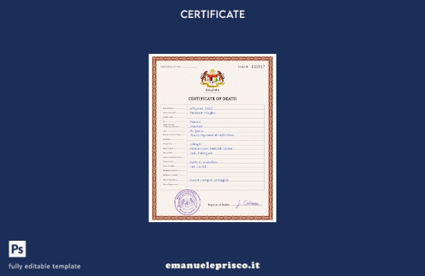 Modello PSD del certificato di morte della Malesia in stile verificato