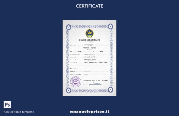Modello PSD del certificato di morte della Mongolia in stile verificato