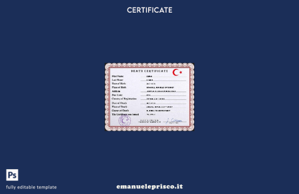 Modello PSD del certificato di morte della Turchia in stile verificato