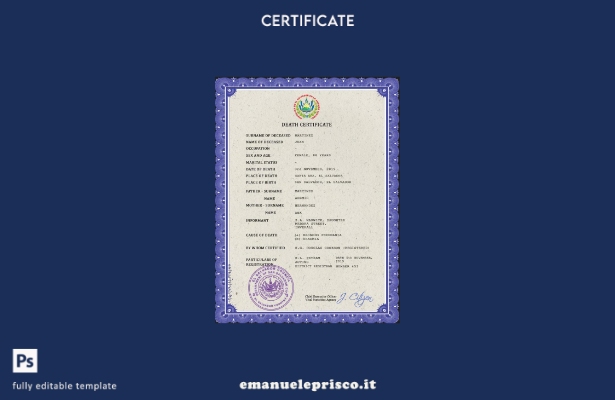 Modello PSD del certificato di morte dello stato di stato di El Salvador in stil