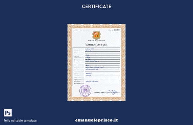 Modello PSD del certificato di morte di Andorra in stile verificato