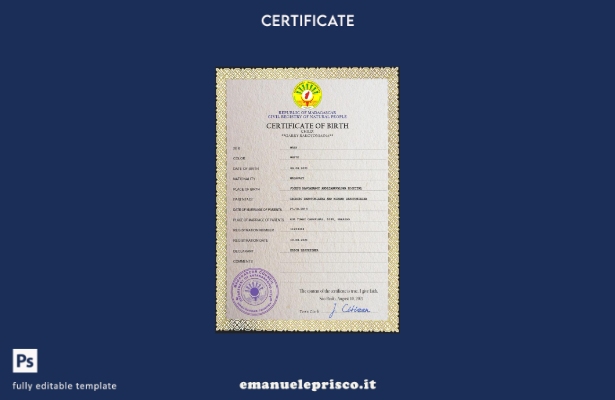 Modello PSD del certificato di nascita del Madagascar in stile verificato