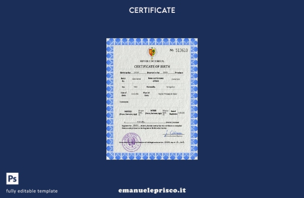 Modello PSD del certificato di nascita del Senegal in stile verificato