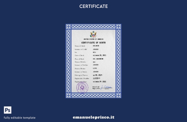 Modello PSD del certificato di nascita del documento di stato civile degli Stati