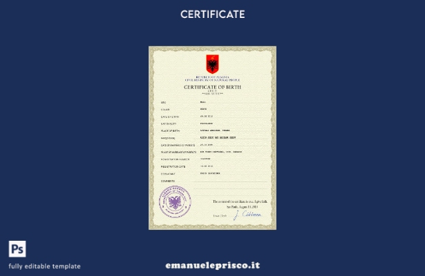 Modello PSD del certificato di nascita dell'Albania in stile verificato