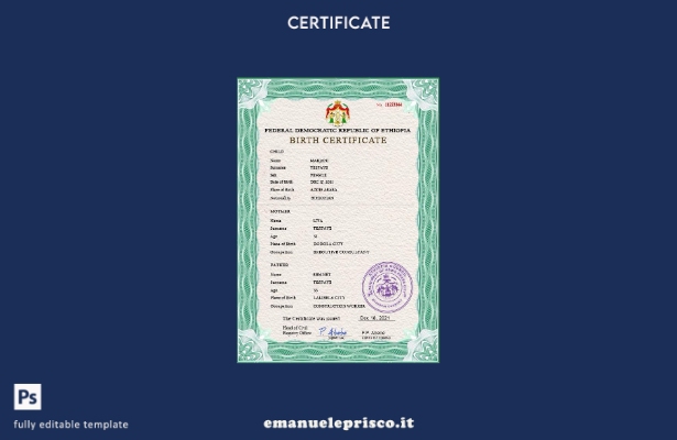 Modello PSD del certificato di nascita dell'Etiopia in stile verificato