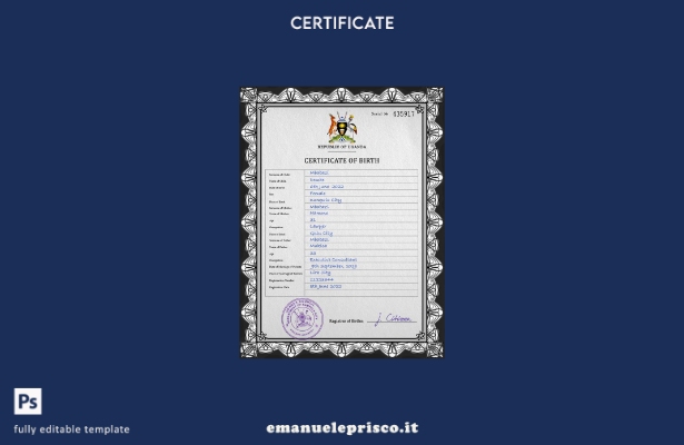Modello PSD del certificato di nascita dell'Uganda in stile verificato