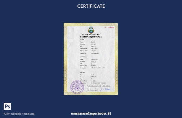 Modello PSD del certificato di nascita della Costa Rica in stile verificato