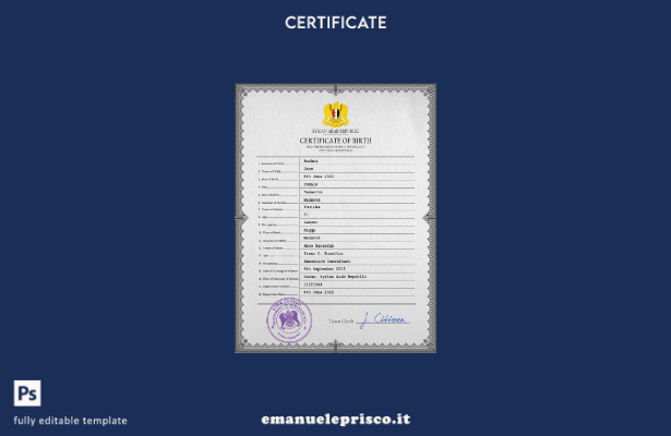 Modello PSD del certificato di nascita della Siria in stile verificato