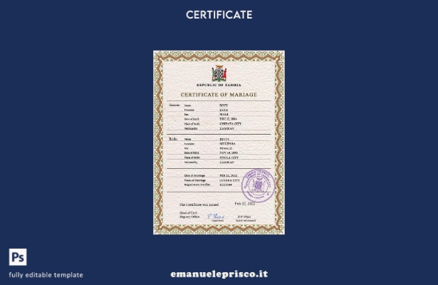 Modello PSD di certificato di matrimonio dello Zambia in stile verificato