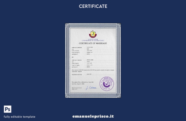 Modello PSD di certificato di matrimonio in Qatar in stile verificato