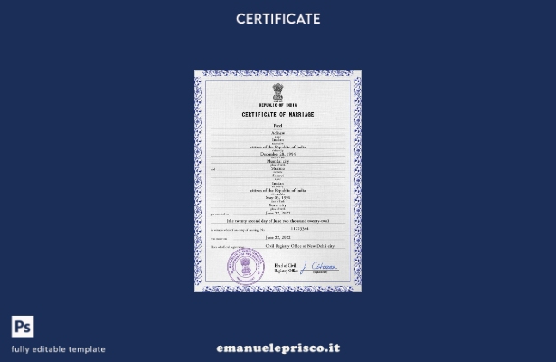 Modello PSD di certificato di matrimonio indiano in stile verificato, modello co