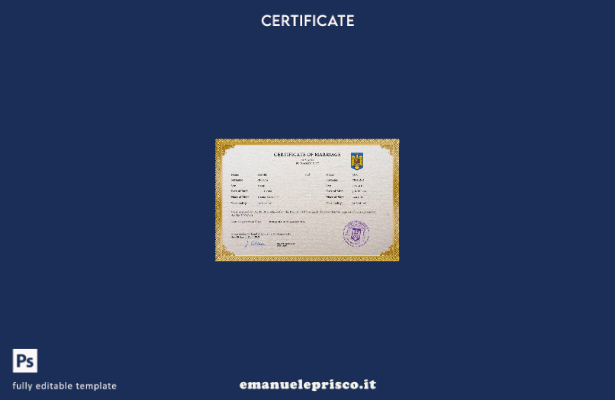 Modello PSD di certificato di matrimonio rumeno in stile verificato, modello com