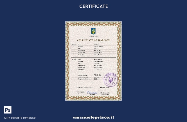 Modello PSD di certificato di matrimonio ucraino in stile verificato, modello co