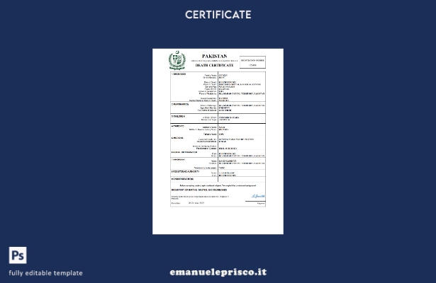 Modello Word e PDF del certificato di morte del Pakistan in stile verificato