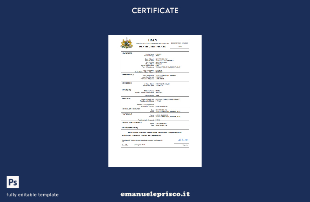 Modello Word e PDF del certificato di morte dell'Iran in stile verificato
