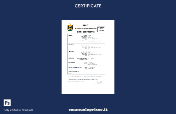 Modello Word e PDF del certificato di nascita dell'Iraq in stile verificato