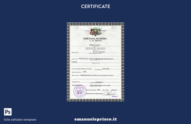 Modello di certificato di morte della Lettonia in stile verificato in formato PS
