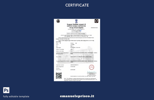 Modello di certificato di nascita indiano in stile verificato in formato PSD, mo