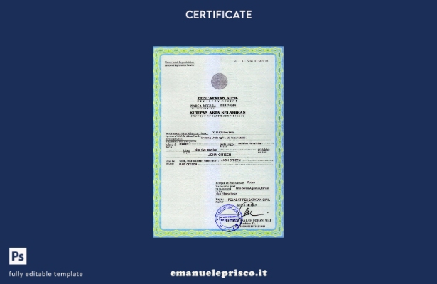 Modello di certificato di nascita indonesiano in stile verificato in formato PSD
