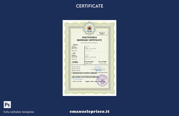 certificato di matrimonio in stile verificato della Corea del Sud modello Word e