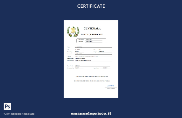 certificato di morte del Guatemala in stile verificato modello Word e PDF