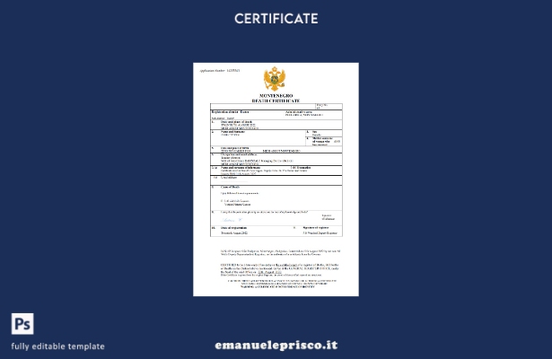 certificato di morte del Montenegro in stile verificato modello Word e PDF