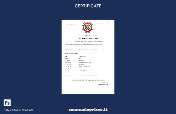 certificato di morte del Paraguay in stile verificato modello Word e PDF