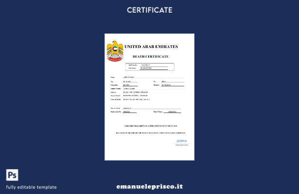 certificato di morte del documento di stato civile degli Emirati Arabi Uniti in