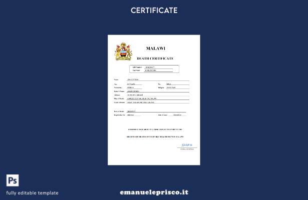 certificato di morte del documento di stato civile del Malawi in stile verificat