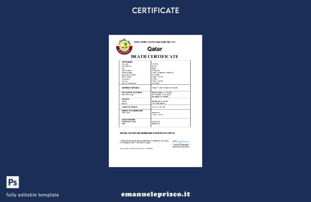 certificato di morte del documento di stato civile del Qatar in stile verificato