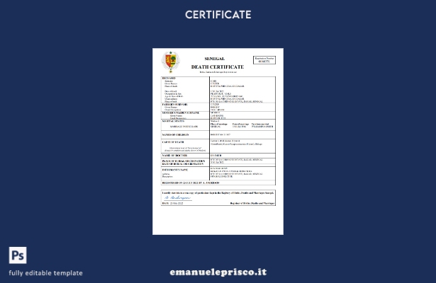 certificato di morte del documento di stato civile del Senegal in stile verifica