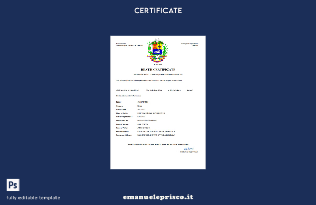 certificato di morte del documento di stato civile del Venezuela in stile verifi
