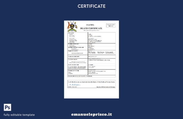 certificato di morte del documento di stato civile dell'Uganda in stile verifica
