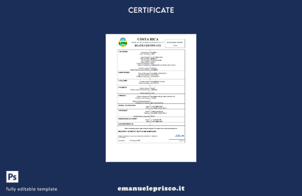 certificato di morte del documento di stato civile della Costa Rica in stile ver