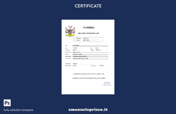 certificato di morte del documento di stato civile della Namibia in stile verifi