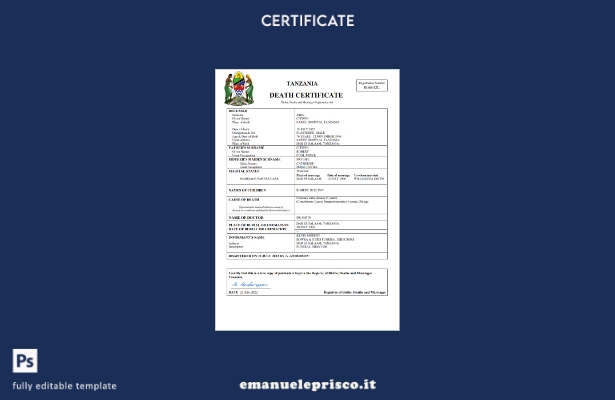 certificato di morte del documento di stato civile della Tanzania in stile verif