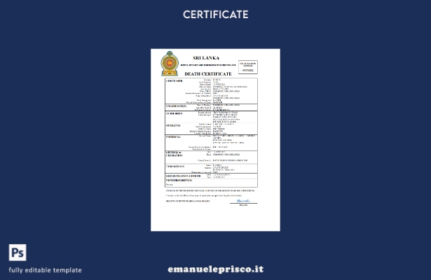 certificato di morte del documento di stato civile dello Sri Lanka in stile veri