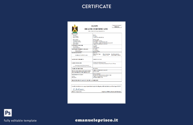 certificato di morte del documento di stato civile egiziano in stile verificato