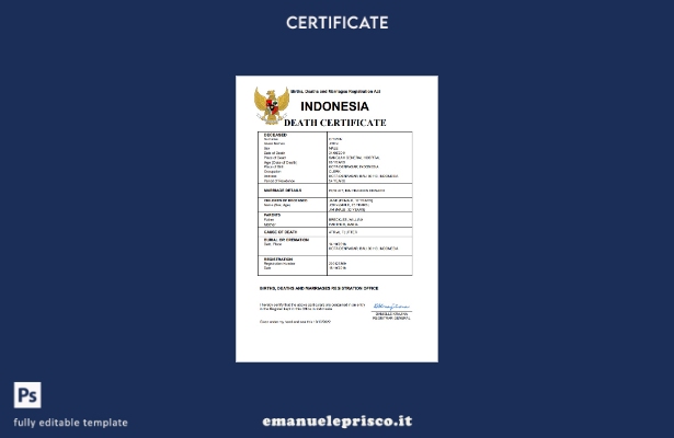 certificato di morte del documento di stato civile indonesiano in stile verifica