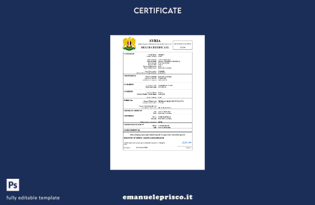 certificato di morte del documento di stato civile siriano in stile verificato M