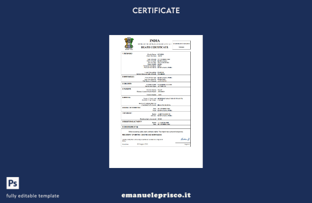 certificato di morte dell'India in stile verificato Modello Word e PDF, modello