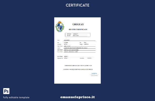 certificato di morte dell'Uruguay in stile verificato modello Word e PDF