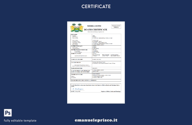 certificato di morte della Sierra Leone in stile verificato modello Word e PDF