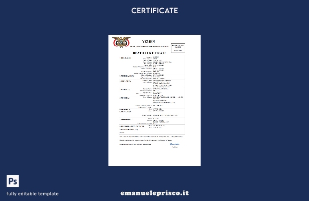 certificato di morte dello Yemen in stile verificato modello Word e PDF