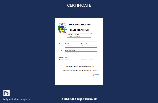 certificato di morte dello stato di stato civile delle Isole Salomone in stile v