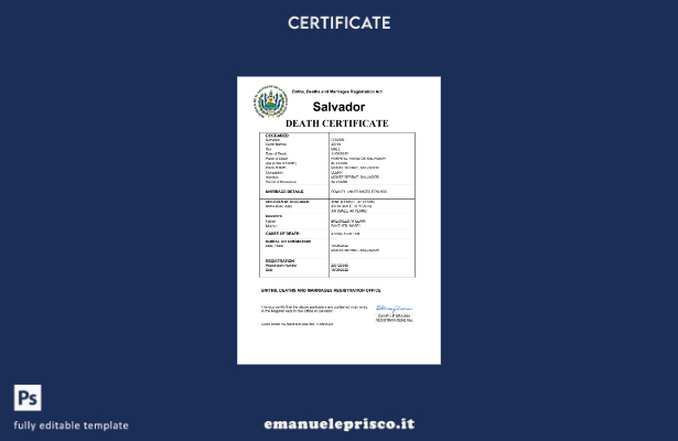 certificato di morte dello stato di stato di Salvador in stile verificato modell
