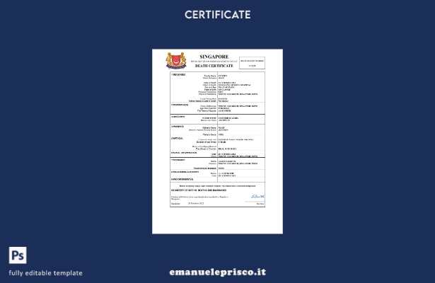 certificato di morte dello stato di stato di Singapore in stile verificato model